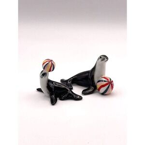 Japanese Bone China Miniature Sea Lion Seal Balancing Ball Figurine Pair
